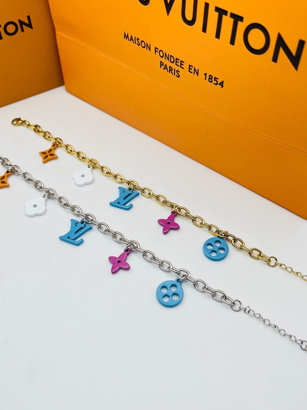 Multicolor Charm Chain Bracelet - Blue, Pink, White, Orange